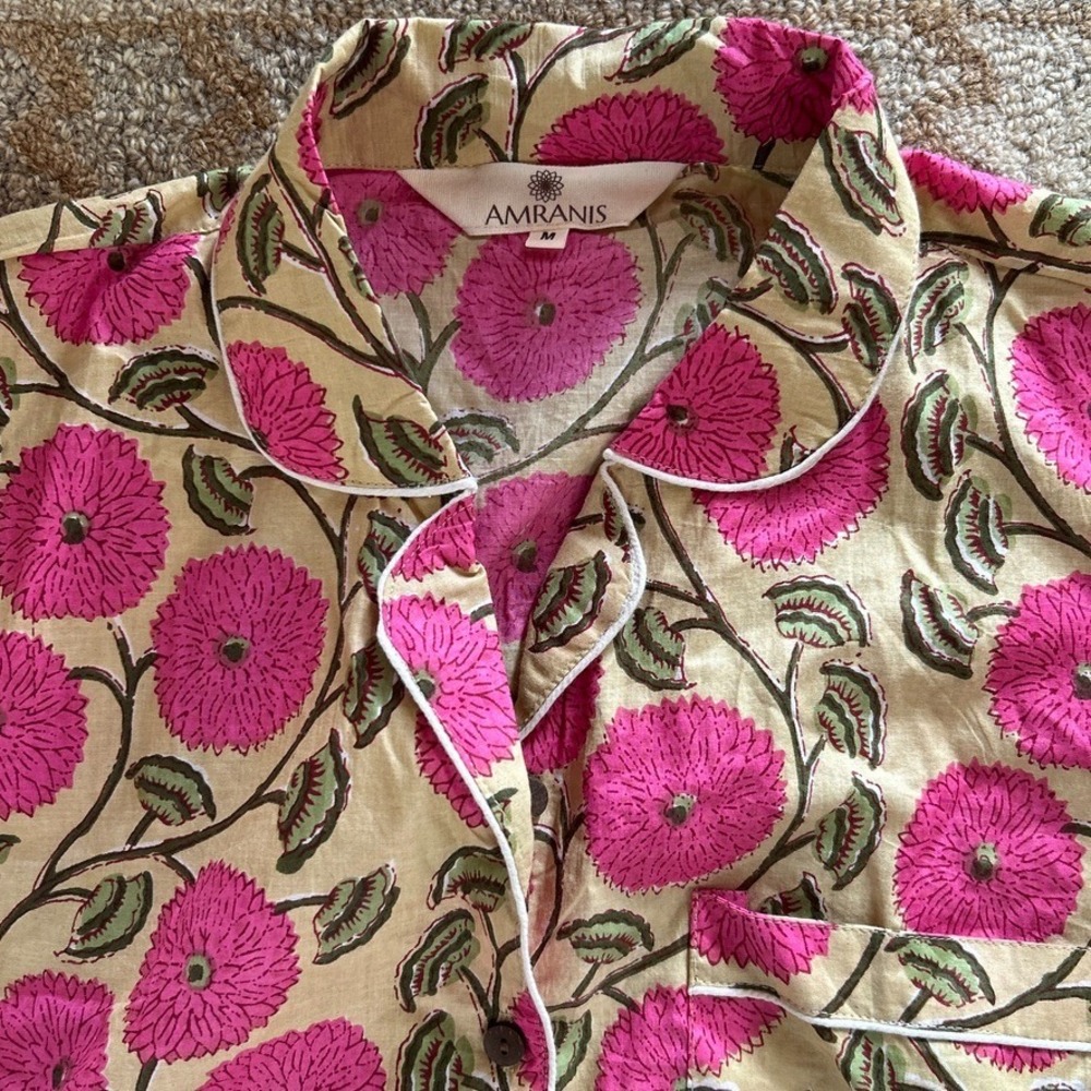 Cotton Floral Pajama Set Pink Block Print Shorts Loungewear Pockets Amranis M - Picture 4 of 13
